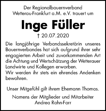 Traueranzeige von Inge Füller von Wetterauer Zeitung