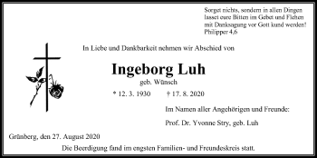Traueranzeige von Ingeborg Luh von Heimatzeitung Grünberg + Laubach