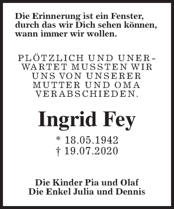 Traueranzeige von Ingrid Fey von Wetterauer Zeitung
