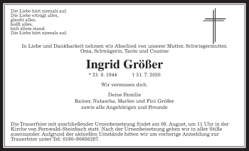 Traueranzeige von Ingrid Größer von Giessener Allgemeine, Alsfelder Allgemeine