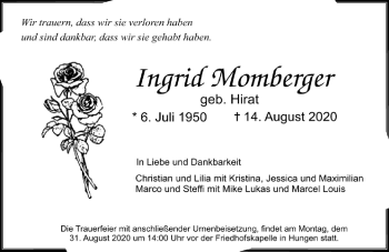 Traueranzeige von Ingrid Momberger von Licher Wochenblatt