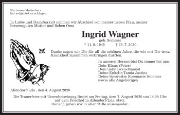 Traueranzeige von Ingrid Wagner von Giessener Allgemeine, Alsfelder Allgemeine