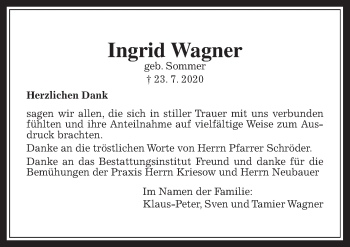 Traueranzeige von Ingrid Wagner von Allendorfer Mitteilungen