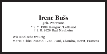 Traueranzeige von Irene Bušs von Wetterauer Zeitung