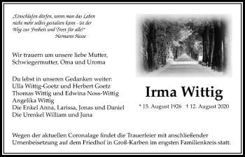 Traueranzeige von Irma Wittig von Wetterauer Zeitung