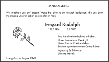 Traueranzeige von Irmgard Rudolph von Giessener Allgemeine, Alsfelder Allgemeine