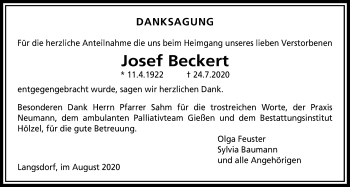 Traueranzeige von Josef Beckert von Licher Wochenblatt