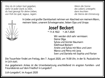 Traueranzeige von Josef Beckert von Licher Wochenblatt