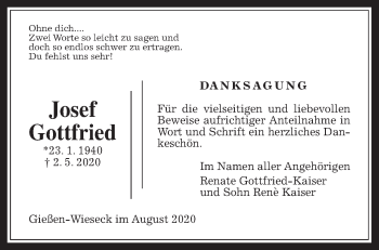 Traueranzeige von Josef Gottfried von Giessener Allgemeine, Alsfelder Allgemeine