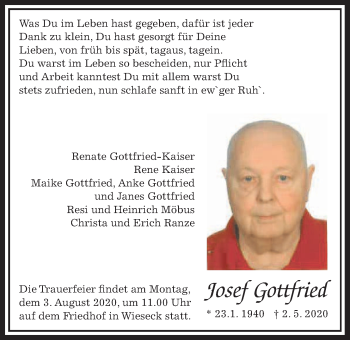 Traueranzeige von Josef Gottfried von Giessener Allgemeine, Alsfelder Allgemeine