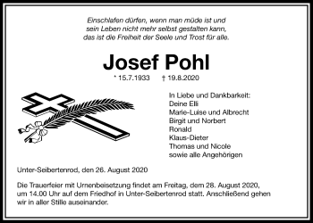 Traueranzeige von Josef Pohl von Giessener Allgemeine, Alsfelder Allgemeine