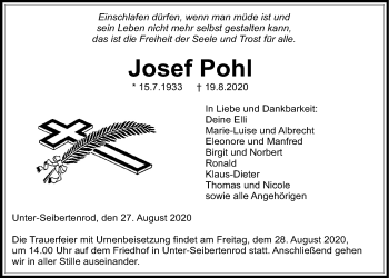 Traueranzeige von Josef Pohl von Giessener Allgemeine, Alsfelder Allgemeine