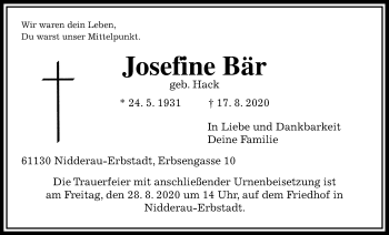 Traueranzeige von Josefine Bär von Wetterauer Zeitung