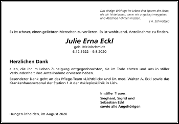 Traueranzeige von Julie Erna Eckl von Licher Wochenblatt
