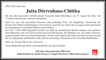Traueranzeige von Jutta Dörrenhaus-Chittka von Giessener Allgemeine, Alsfelder Allgemeine
