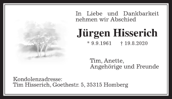 Traueranzeige von Jürgen Hisserich von Alsfelder Allgemeine