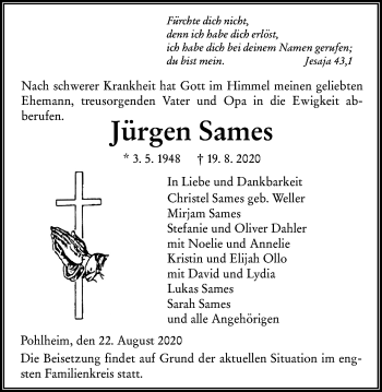 Traueranzeige von Jürgen Sames von Giessener Allgemeine, Alsfelder Allgemeine