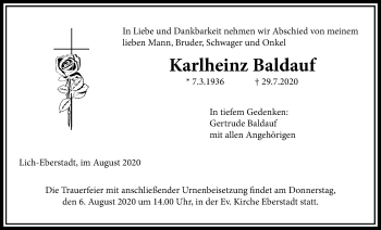 Traueranzeige von Karlheinz Baldauf von Licher Wochenblatt