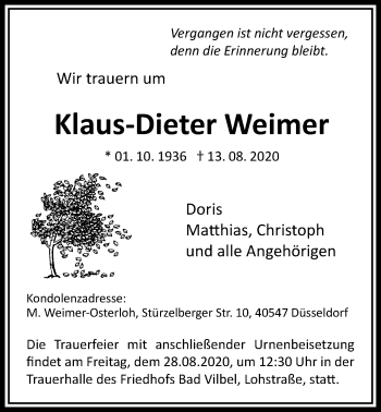 Traueranzeige von Klaus-Dieter Weimer von Bad Vilbel/Karben