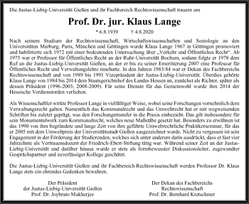 Traueranzeige von Klaus Lange von Giessener Allgemeine, Alsfelder Allgemeine