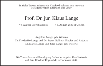 Traueranzeige von Klaus Lange von Giessener Allgemeine, Alsfelder Allgemeine