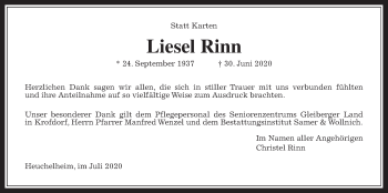 Traueranzeige von Liesel Rinn von Giessener Allgemeine, Alsfelder Allgemeine