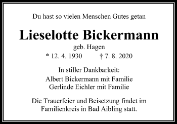 Traueranzeige von Lieselotte Bickermann von Giessener Allgemeine, Alsfelder Allgemeine
