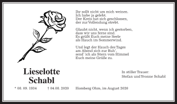Traueranzeige von Lieselotte Schabl von Alsfelder Allgemeine