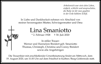 Traueranzeige von Lina Smaniotto von Bad Vilbel/Karben