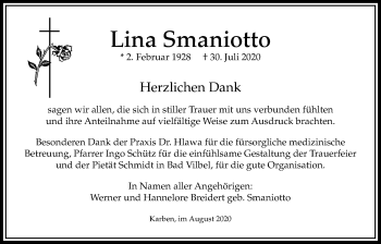 Traueranzeige von Lina Smaniotto von Bad Vilbel/Karben