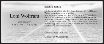 Traueranzeige von Loni Wolfram von Giessener Allgemeine, Alsfelder Allgemeine
