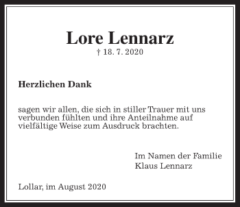 Traueranzeige von Lore Lennarz von Giessener Allgemeine, Alsfelder Allgemeine