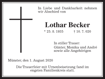 Traueranzeige von Lothar Becker von Giessener Allgemeine, Alsfelder Allgemeine