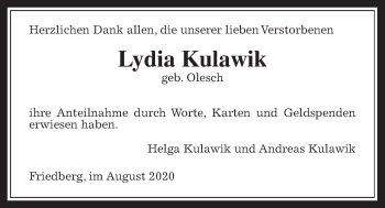 Traueranzeige von Lydia Kulawik von Wetterauer Zeitung