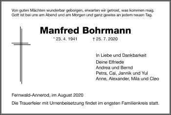 Traueranzeige von Manfred Bohrmann von Giessener Allgemeine, Alsfelder Allgemeine