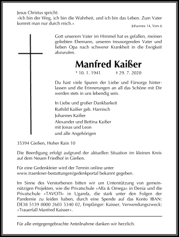 Traueranzeige von Manfred Kaißer von Wetterauer Zeitung, Giessener Allgemeine, Alsfelder Allgemeine