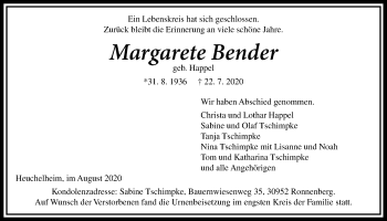 Traueranzeige von Margarete Bender von Giessener Allgemeine, Alsfelder Allgemeine