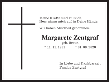 Traueranzeige von Margarete Zentgraf von Heimatzeitung Grünberg + Laubach