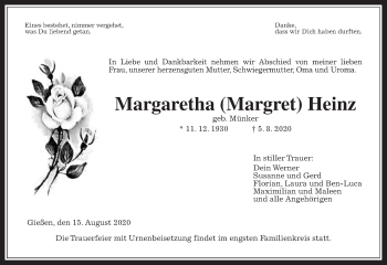 Traueranzeige von Margaretha Heinz von Giessener Allgemeine, Alsfelder Allgemeine