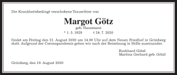 Traueranzeige von Margot Götzl von Giessener Allgemeine, Alsfelder Allgemeine