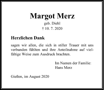 Traueranzeige von Margot Merz von Giessener Allgemeine, Alsfelder Allgemeine