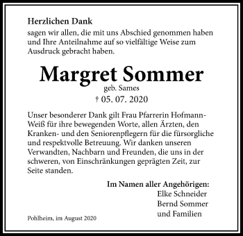 Traueranzeige von Margret Sommer von Giessener Allgemeine, Alsfelder Allgemeine
