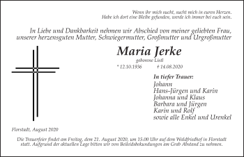 Traueranzeige von Maria Jerke von Wetterauer Zeitung