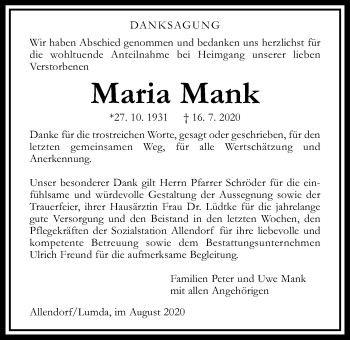 Traueranzeige von Maria Mank von Allendorfer Mitteilungen