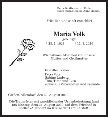 Traueranzeige von Maria Volk von Giessener Allgemeine, Alsfelder Allgemeine