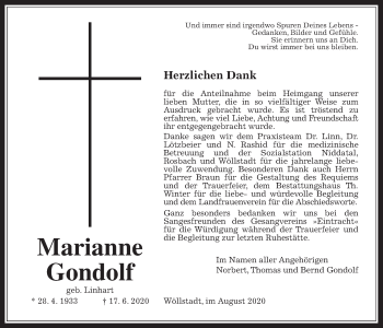 Traueranzeige von Marianne Gondolf von Wetterauer Zeitung