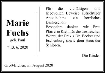 Traueranzeige von Marie Fuchs von Alsfelder Allgemeine, Mücker Stimme