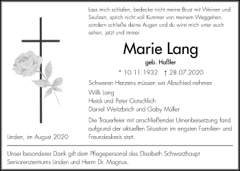 Traueranzeige von Marie Lang von Giessener Allgemeine, Alsfelder Allgemeine