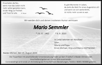 Traueranzeige von Mario Semmler von Alsfelder Allgemeine