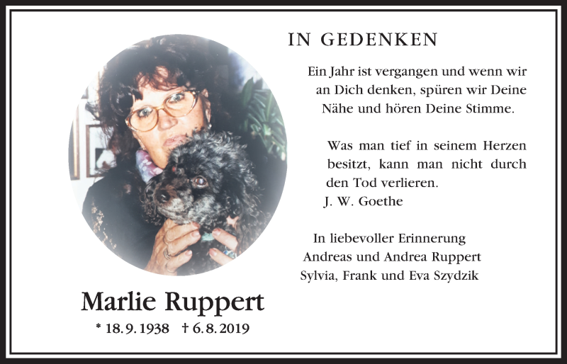  Traueranzeige für Marlie Ruppert vom 06.08.2020 aus Bad Vilbel/Karben